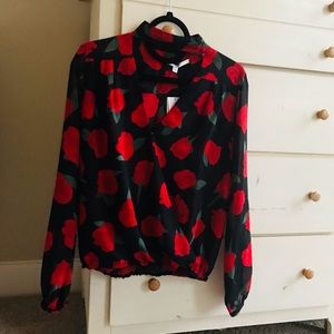 Guess Long Sleeve Floral Blouse Mock neck Choker Top NWT